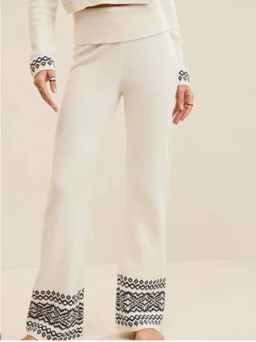 Aerie ivory fair isle print fold waist knit wide leg lounge leggings XS